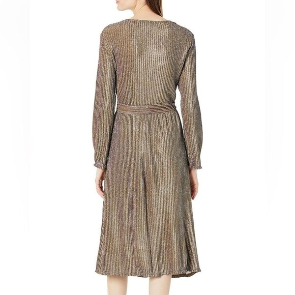 CHAUS Glimmery Tie-Waist Midi Dress - Size L Gold/Plum - Picture 3 of 6